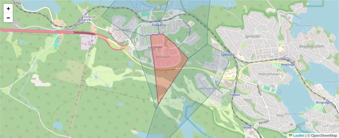 Karta över postnummerområdet  och angränsande postnummer i Sverige