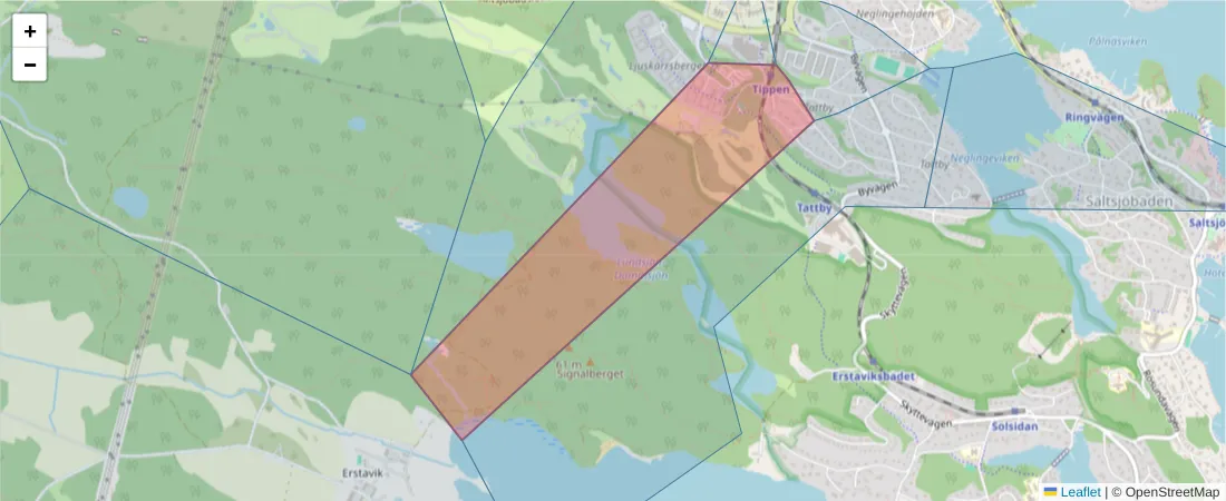 Karta över postnummerområdet  och angränsande postnummer i Sverige