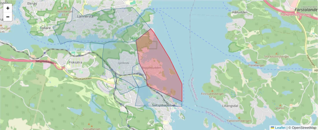Karta över postnummerområdet  och angränsande postnummer i Sverige