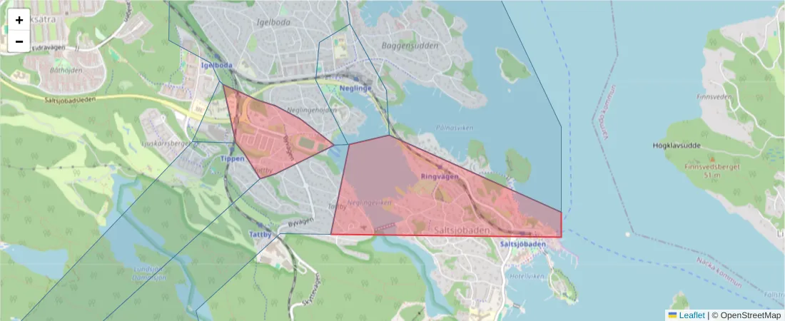 Karta över postnummerområdet  och angränsande postnummer i Sverige