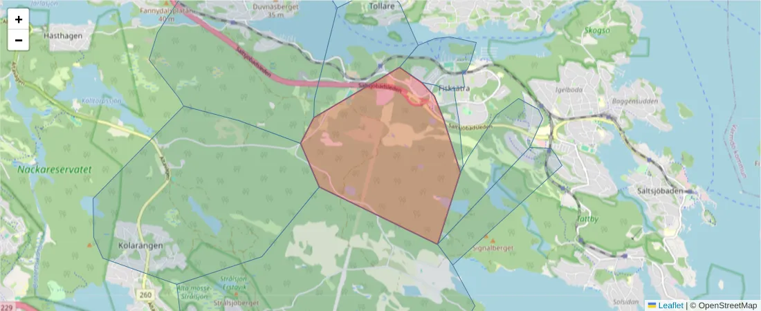 Karta över postnummerområdet  och angränsande postnummer i Sverige