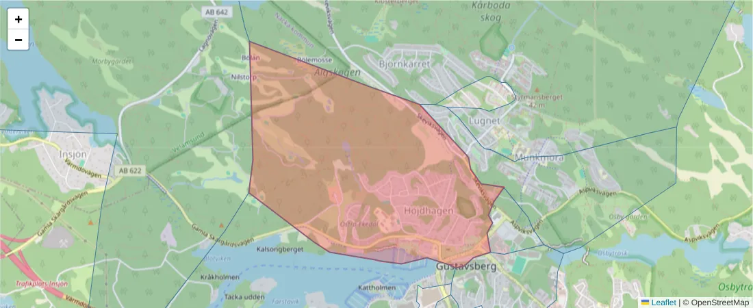 Karta över postnummerområdet  och angränsande postnummer i Sverige