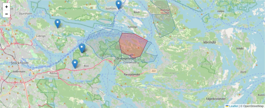 Karta över postnummerområdet  och angränsande postnummer i Sverige