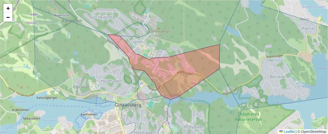 Karta över postnummerområdet  och angränsande postnummer i Sverige