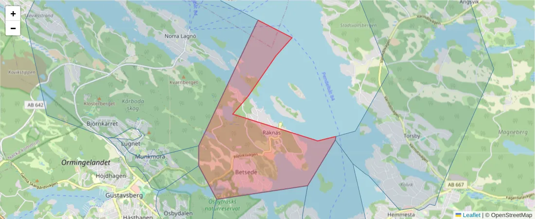 Karta över postnummerområdet  och angränsande postnummer i Sverige