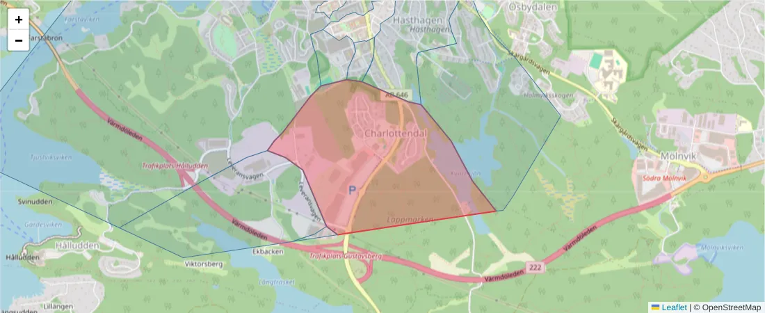 Karta över postnummerområdet  och angränsande postnummer i Sverige