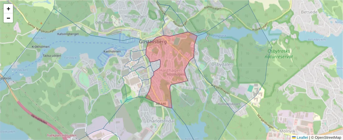 Karta över postnummerområdet  och angränsande postnummer i Sverige