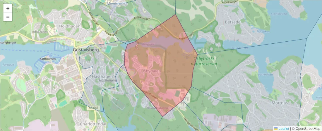 Karta över postnummerområdet  och angränsande postnummer i Sverige