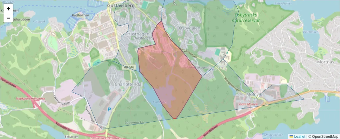 Karta över postnummerområdet  och angränsande postnummer i Sverige