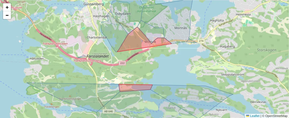 Karta över postnummerområdet  och angränsande postnummer i Sverige
