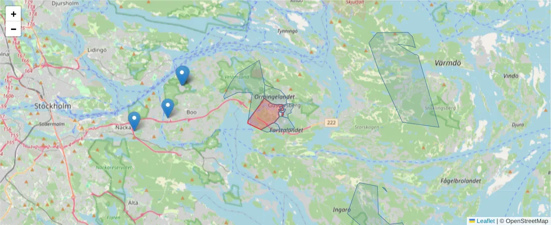 Karta över postnummerområdet  och angränsande postnummer i Sverige