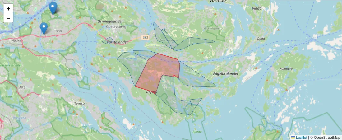 Karta över postnummerområdet  och angränsande postnummer i Sverige