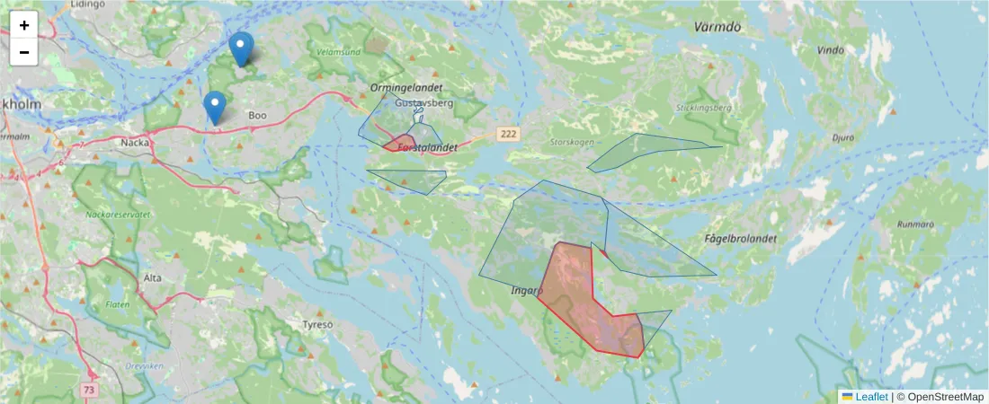 Karta över postnummerområdet  och angränsande postnummer i Sverige
