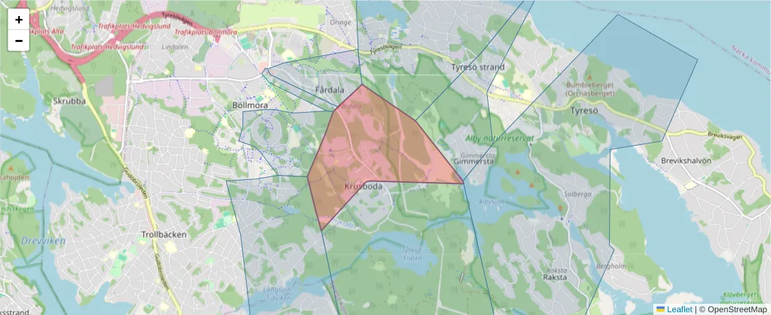 Karta över postnummerområdet  och angränsande postnummer i Sverige