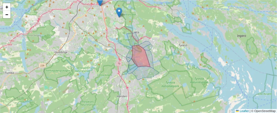 Karta över postnummerområdet  och angränsande postnummer i Sverige