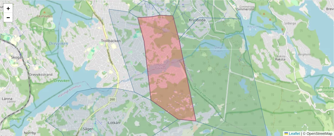 Karta över postnummerområdet  och angränsande postnummer i Sverige