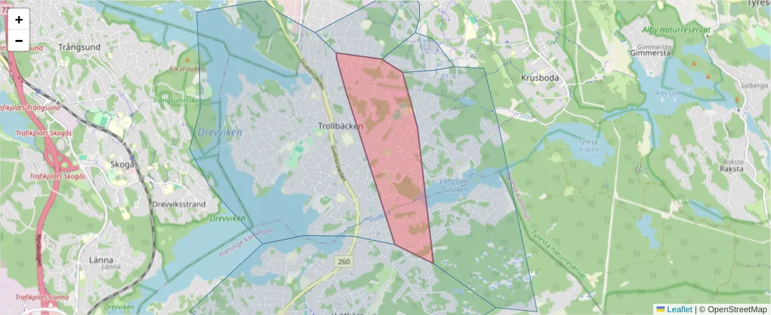 Karta över postnummerområdet  och angränsande postnummer i Sverige