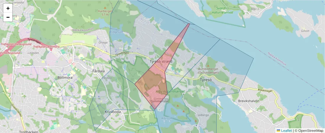 Karta över postnummerområdet  och angränsande postnummer i Sverige