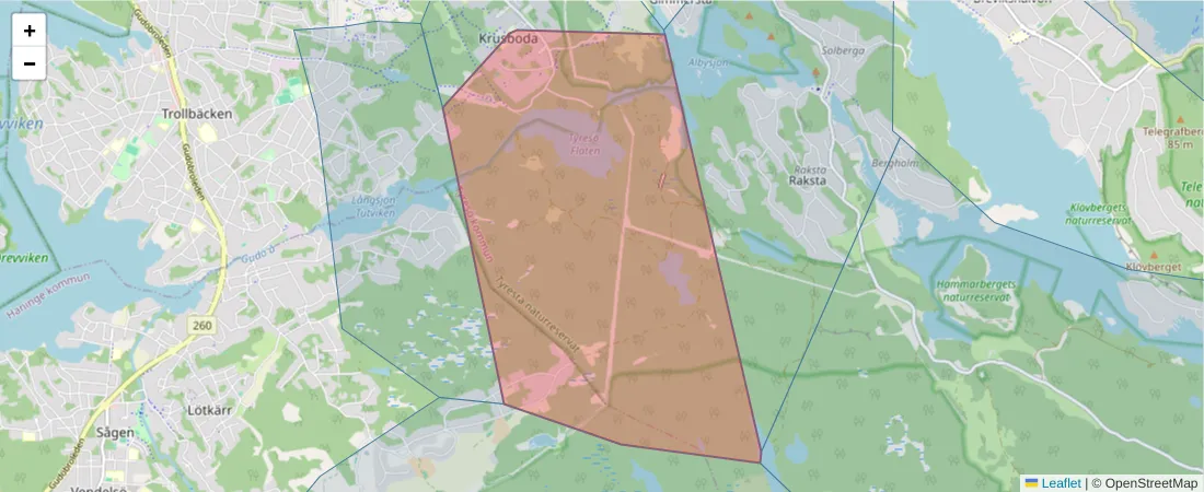 Karta över postnummerområdet  och angränsande postnummer i Sverige
