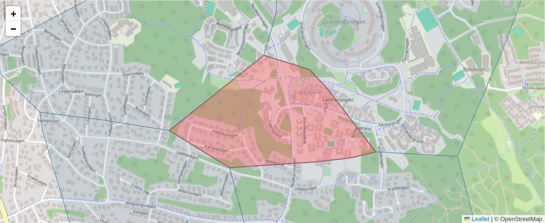 Karta över postnummerområdet  och angränsande postnummer i Sverige