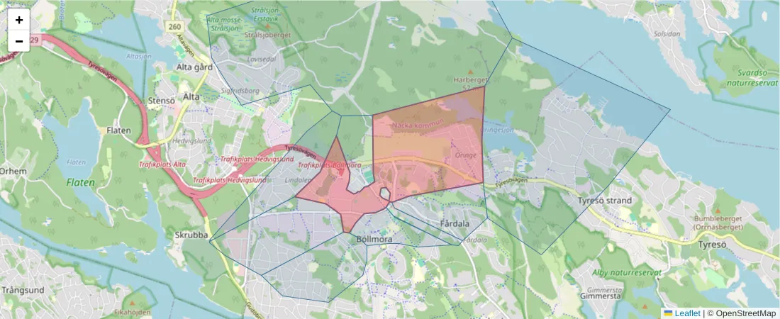 Karta över postnummerområdet  och angränsande postnummer i Sverige