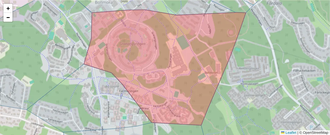 Karta över postnummerområdet  och angränsande postnummer i Sverige