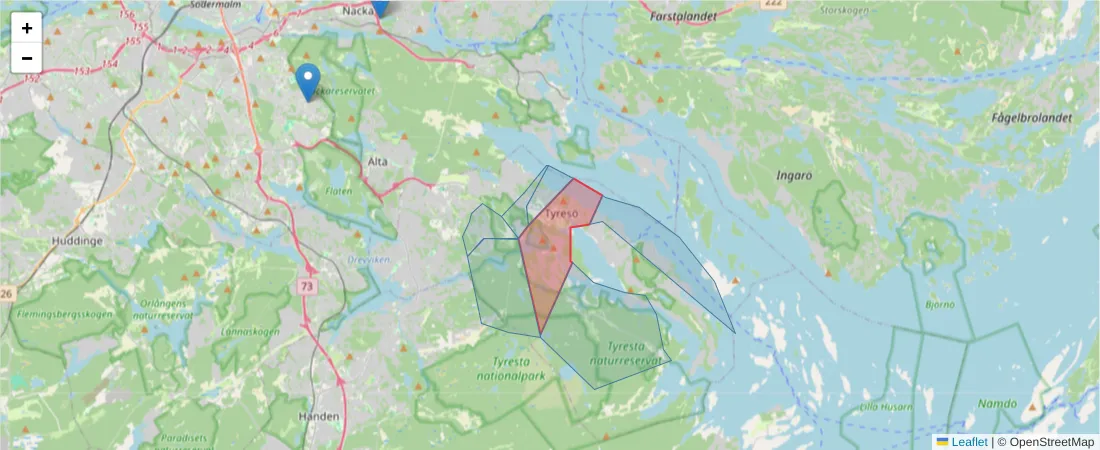 Karta över postnummerområdet  och angränsande postnummer i Sverige