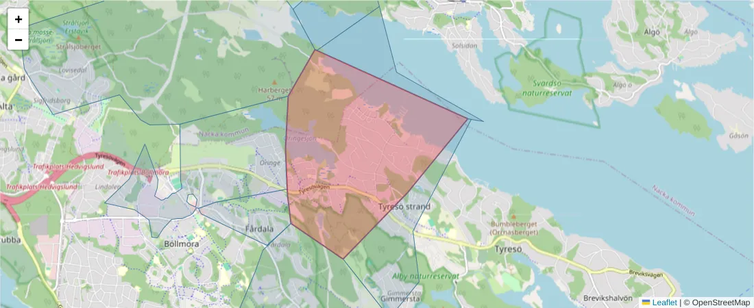 Karta över postnummerområdet  och angränsande postnummer i Sverige