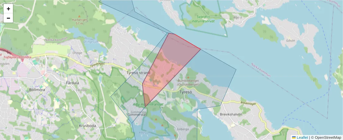 Karta över postnummerområdet  och angränsande postnummer i Sverige