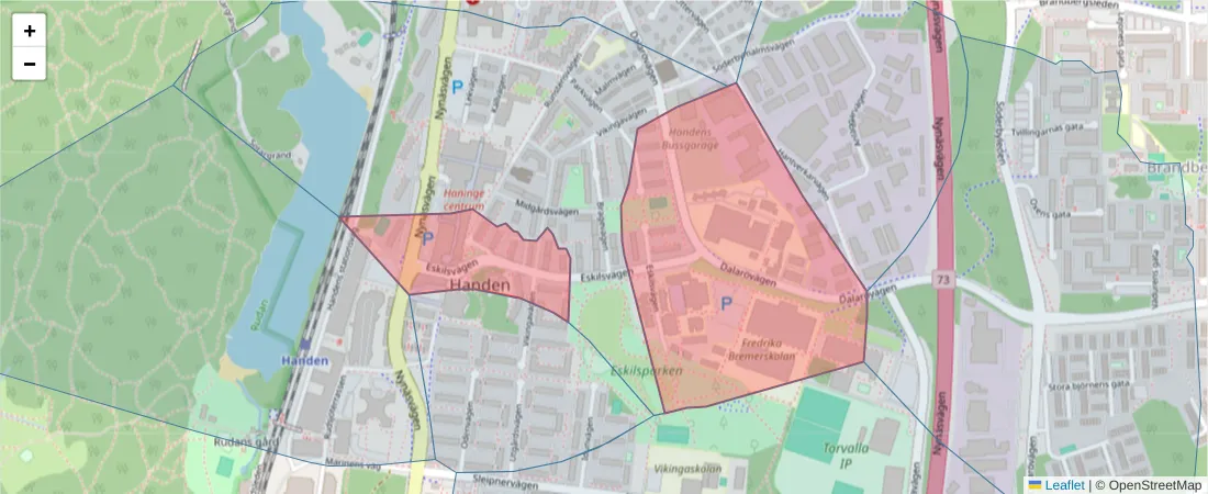 Karta över postnummerområdet  och angränsande postnummer i Sverige