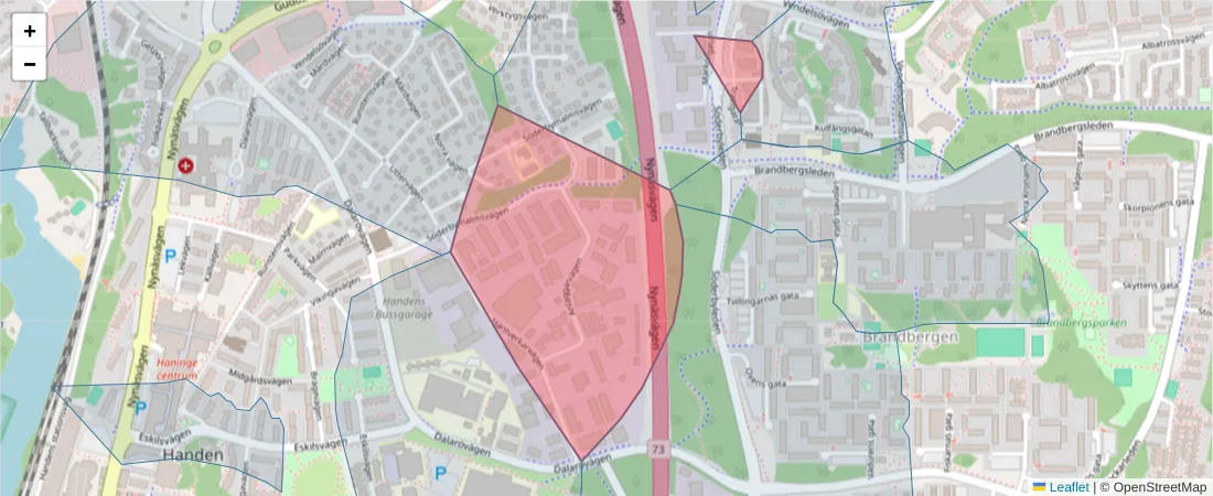 Karta över postnummerområdet  och angränsande postnummer i Sverige