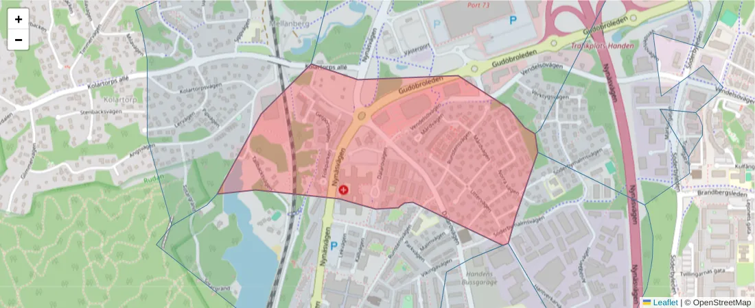 Karta över postnummerområdet  och angränsande postnummer i Sverige