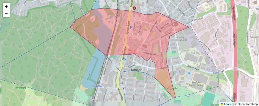 Karta över postnummerområdet  och angränsande postnummer i Sverige