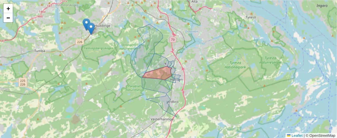 Karta över postnummerområdet  och angränsande postnummer i Sverige