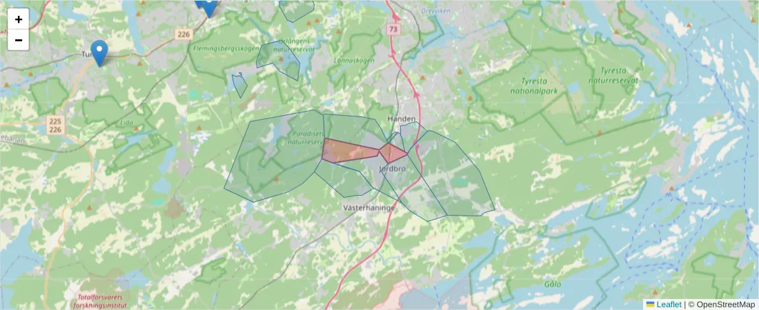 Karta över postnummerområdet  och angränsande postnummer i Sverige