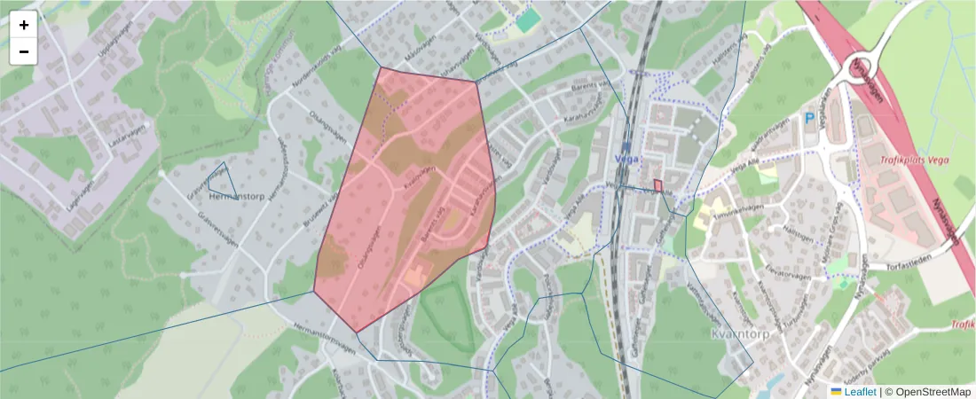 Karta över postnummerområdet  och angränsande postnummer i Sverige