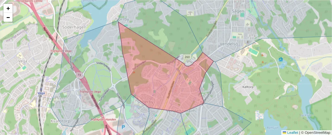 Karta över postnummerområdet  och angränsande postnummer i Sverige