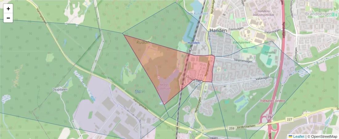 Karta över postnummerområdet  och angränsande postnummer i Sverige