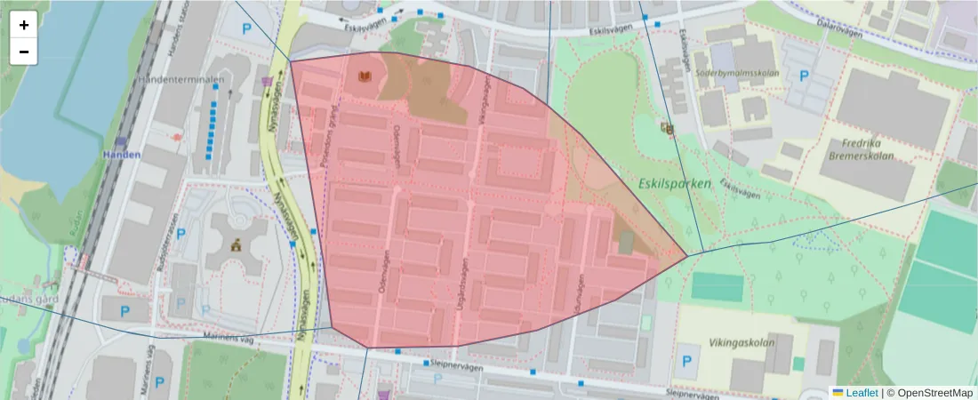Karta över postnummerområdet  och angränsande postnummer i Sverige