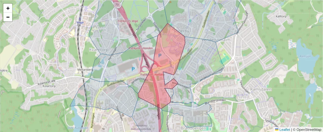 Karta över postnummerområdet  och angränsande postnummer i Sverige