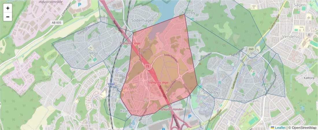 Karta över postnummerområdet  och angränsande postnummer i Sverige