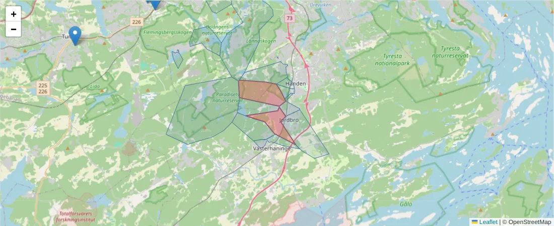 Karta över postnummerområdet  och angränsande postnummer i Sverige