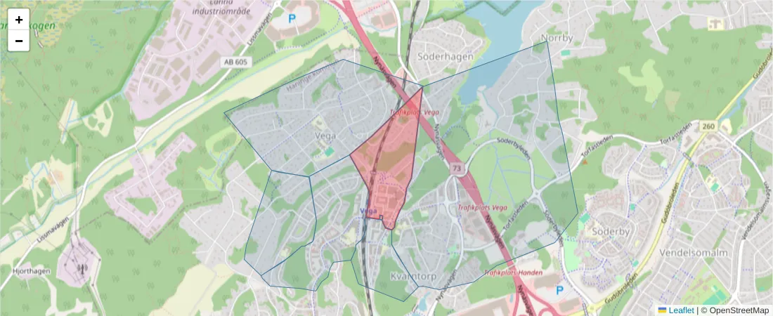 Karta över postnummerområdet  och angränsande postnummer i Sverige
