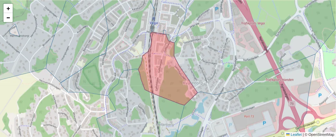 Karta över postnummerområdet  och angränsande postnummer i Sverige