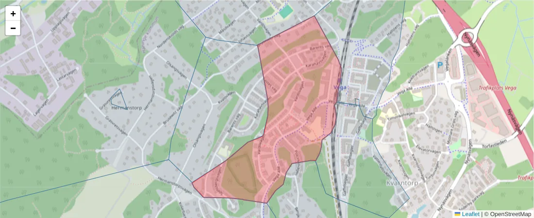 Karta över postnummerområdet  och angränsande postnummer i Sverige
