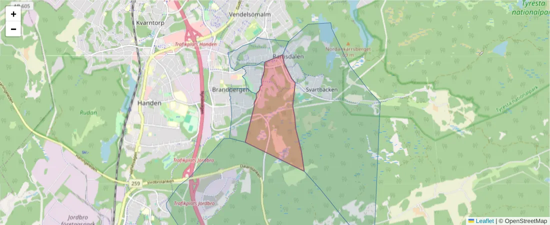 Karta över postnummerområdet  och angränsande postnummer i Sverige