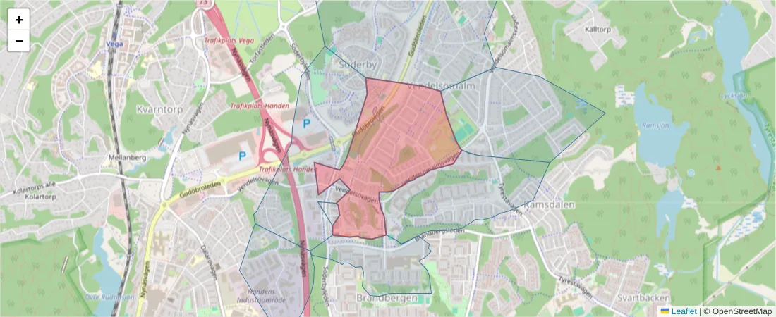 Karta över postnummerområdet  och angränsande postnummer i Sverige