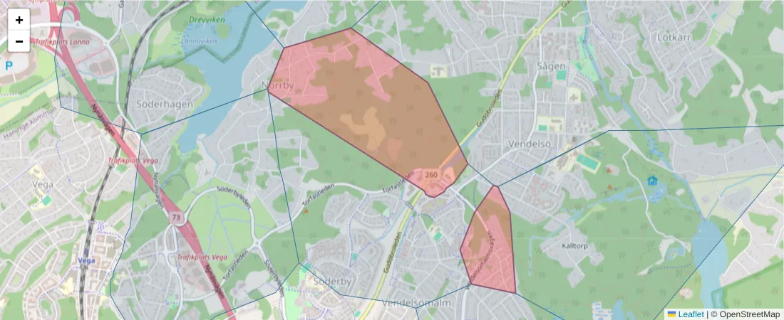 Karta över postnummerområdet  och angränsande postnummer i Sverige