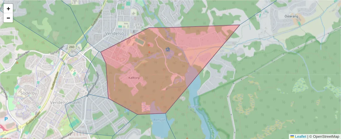 Karta över postnummerområdet  och angränsande postnummer i Sverige