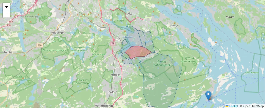 Karta över postnummerområdet  och angränsande postnummer i Sverige